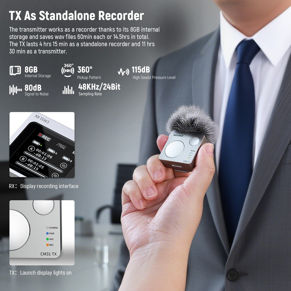 NEEWER CM31D Wireless Mic - 8GB, 820ft, 48KHz, for iPhone/Android/PC