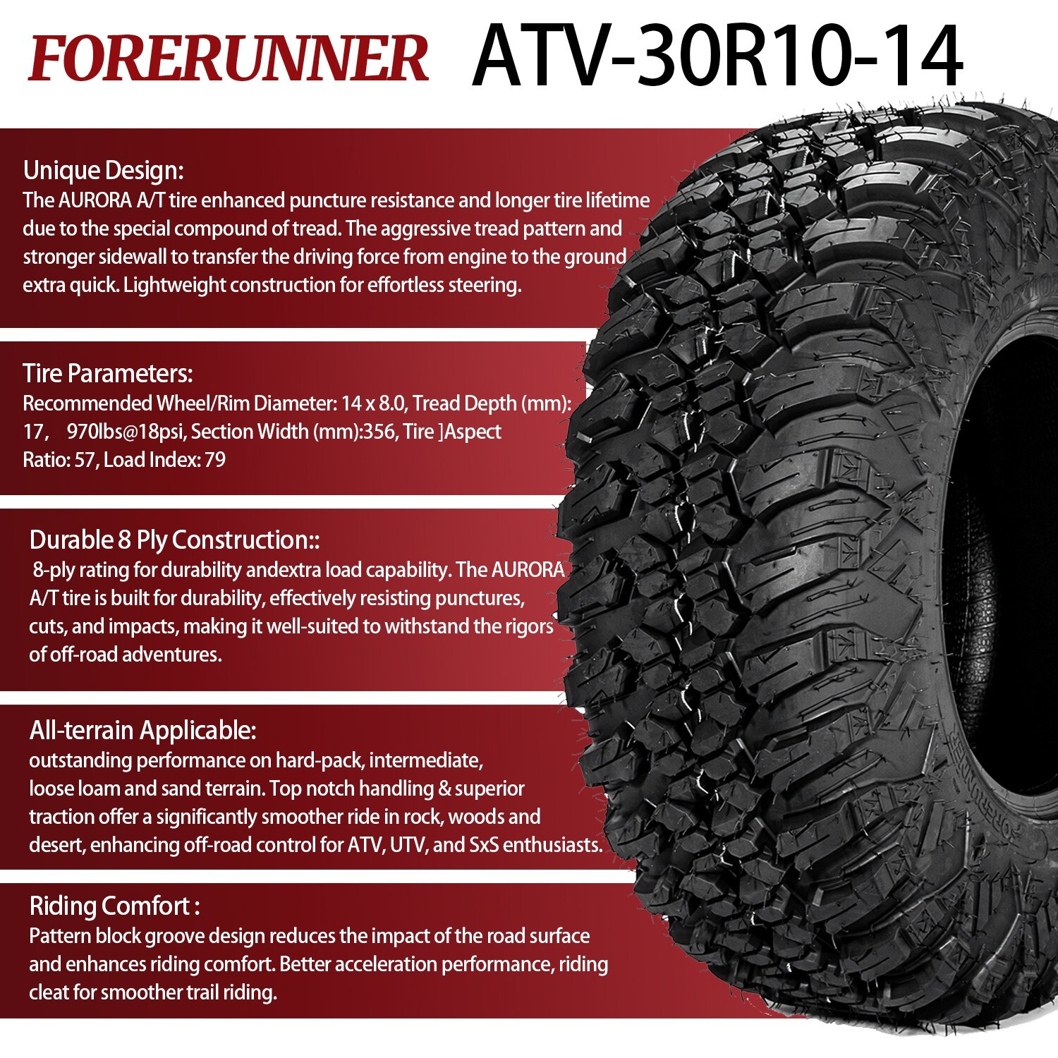 Set 4 30x10x14 ATV Tires 30x10-14 8PR Radial UTV 30 10R 14 All Terrain Tubeless
