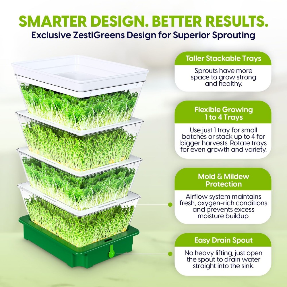 ZESTIGREENS 4-Tier Sprouting Kit - Stackable Seed Sprouter Tray w/ Drain Spout