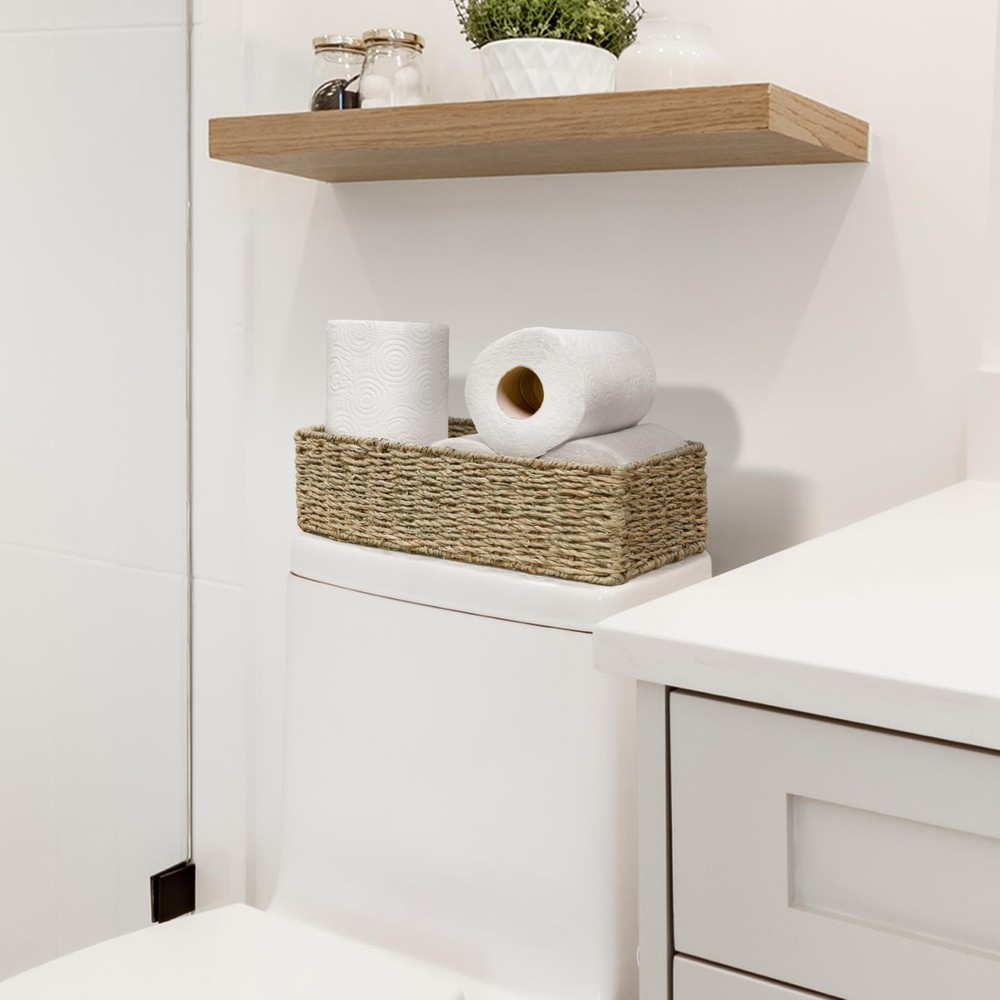 2-Pack Rectangular Seagrass Storage Baskets with Built-In Handles, Handwoven ...