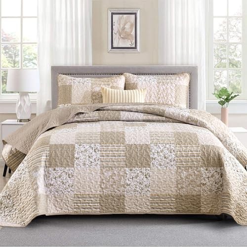Boho Quilt Set Size, 3 Pieces Plaid Floral Bedspread Set Patchwork King Beige