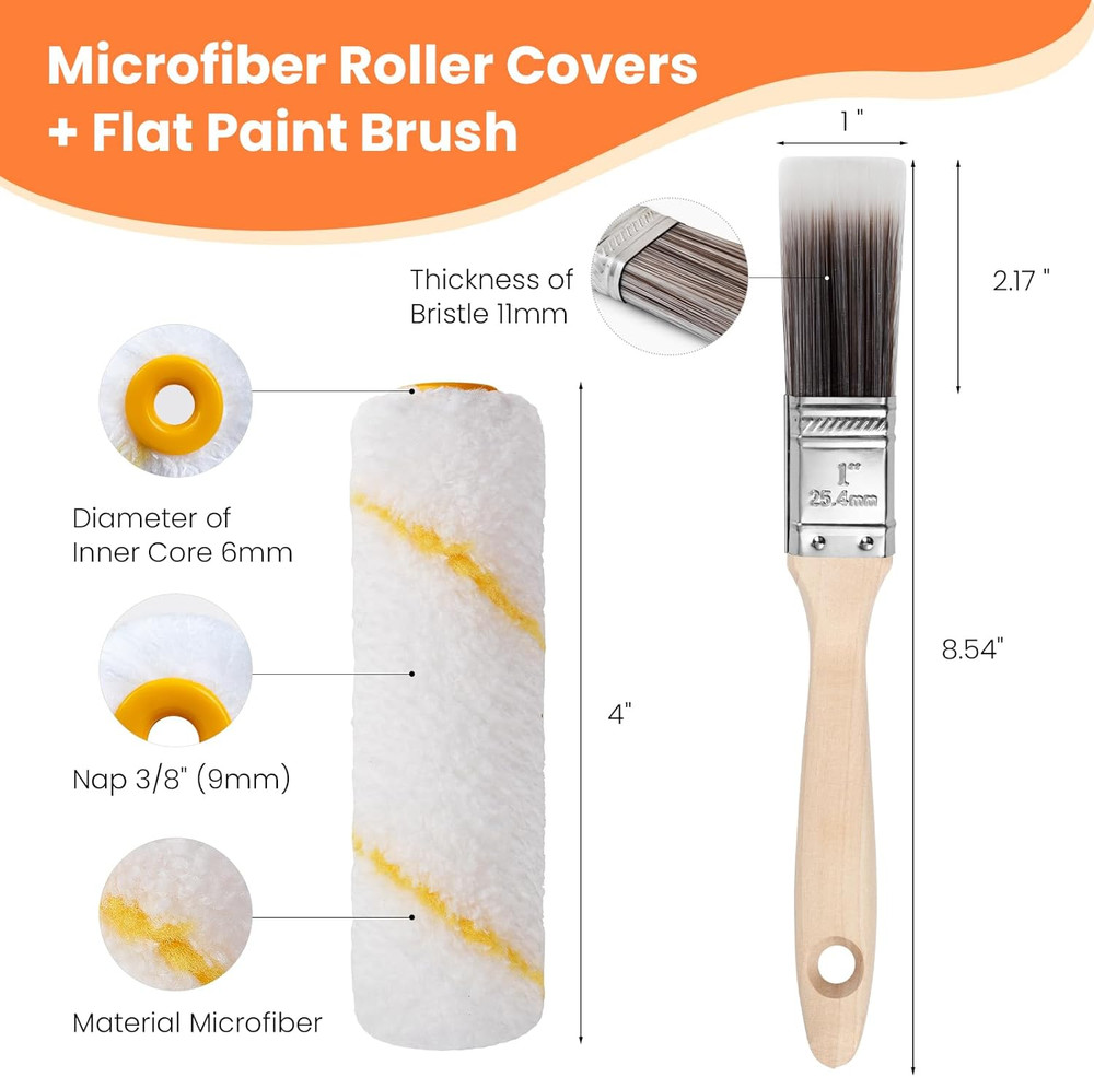 Paint Roller Covers, 25 Pack, 4 Inch 3/8" Nap Mini Microfiber Roller Covers for