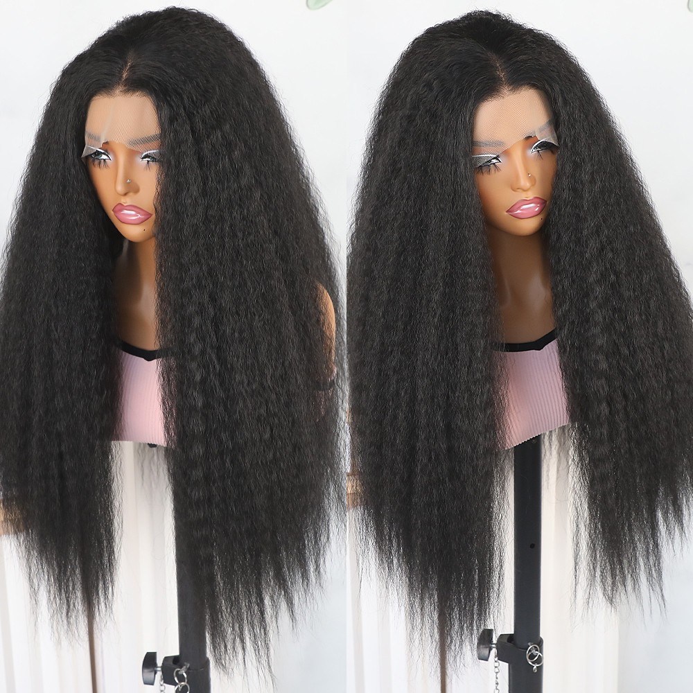 Long Natural Black Yaki Straight Lace Front Wigs Pre Plucked for Women Daily Use