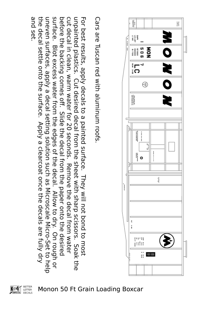 K4 HO Scale Decals Monon 50 Ft Grain Loading Boxcar White