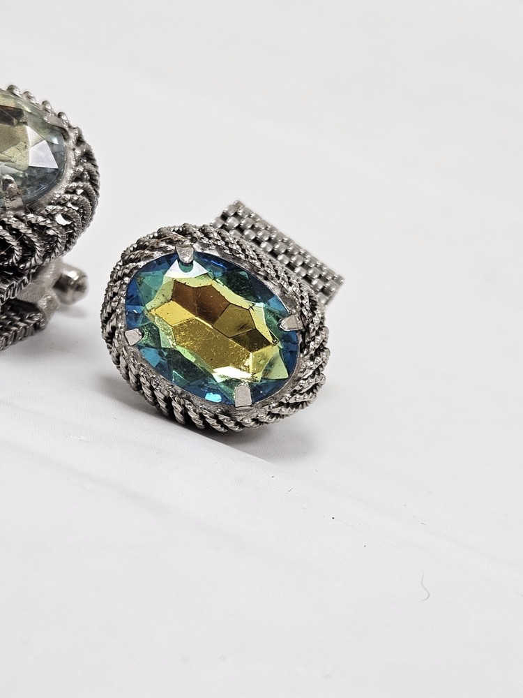 Vintage Iridescent Silver Tone Mesh Wrap Cuff Links