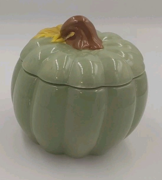 Ceramic Sage Green Pumpkin With Leaf Candy Dish