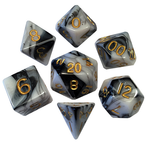 7 COUNT DICE POLY SET: 16MM MARBLE WITH GOLD NUMBERS