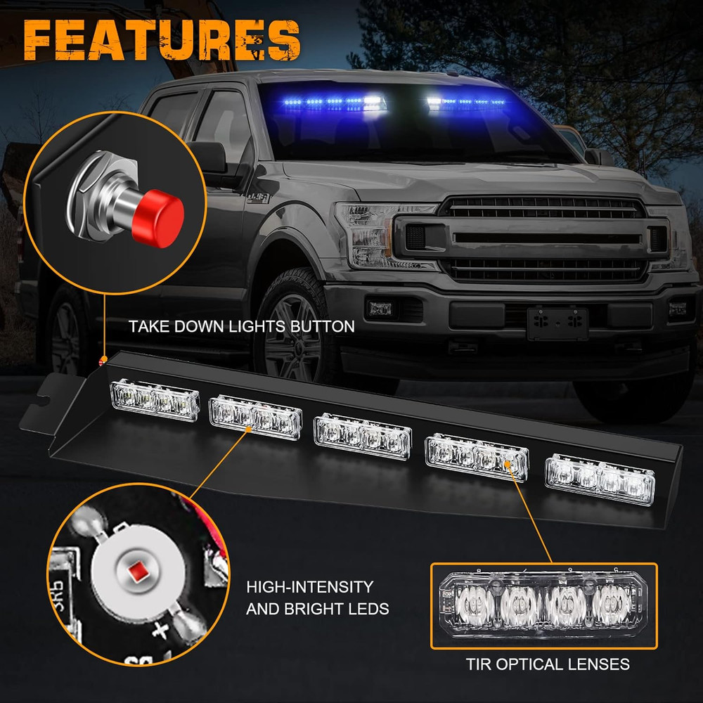 34 Inch Blue Emergency Visor Lights Bar Interior Front Windshield Strobe Lights