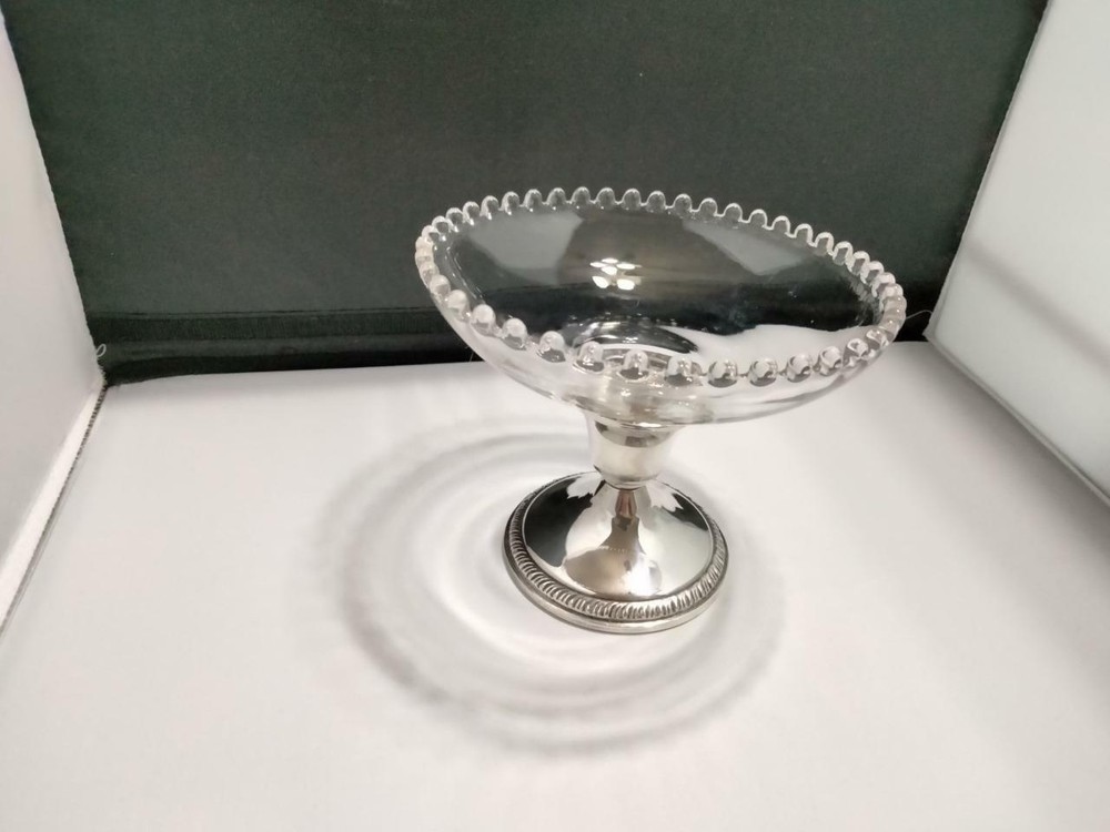 CROWN Sterling Silver Weighted Compote Silver Base Glass Dish Nubby Edge *NOTES*