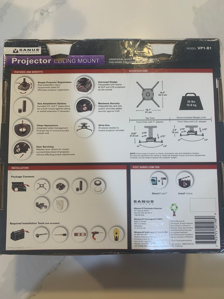 Sanus VP1-B1 Projector Ceiling Mount