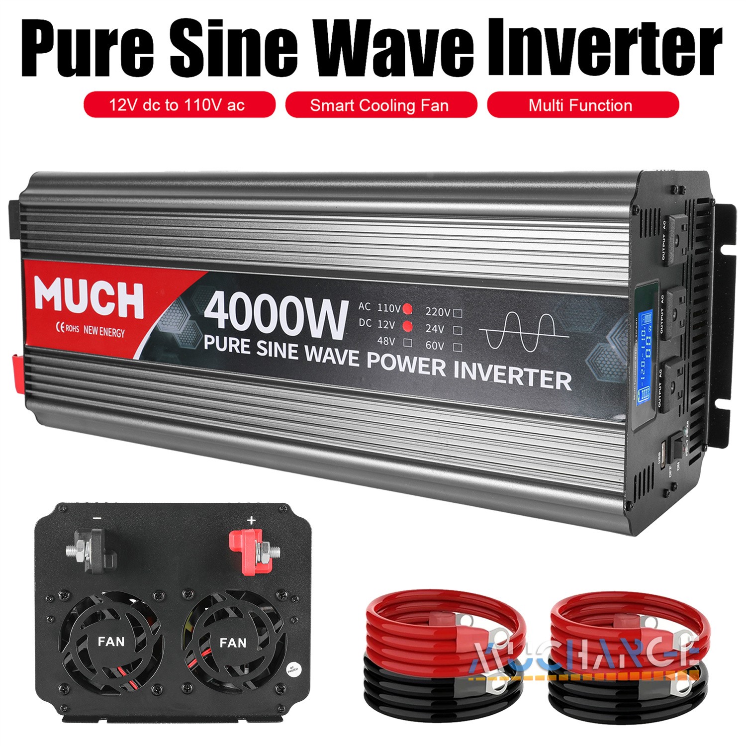 2000W 3000W 4000W Pure Sine Wave Power Inverters, DC 12V 24V to AC 110V 120V LCD