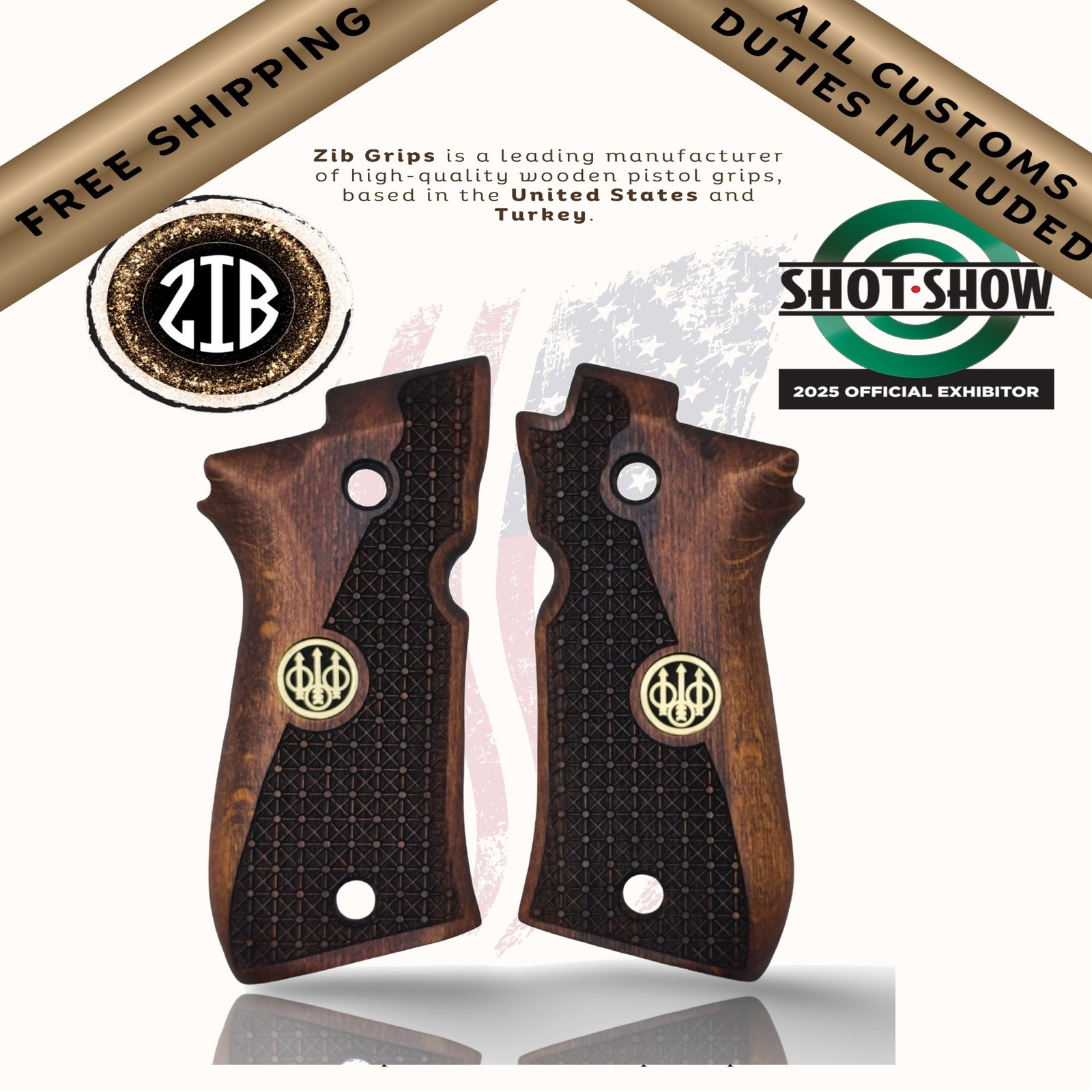 Zib Grips Pistol Grips for Beretta F81 84FS 84BB Wooden Metal Medalion Logo