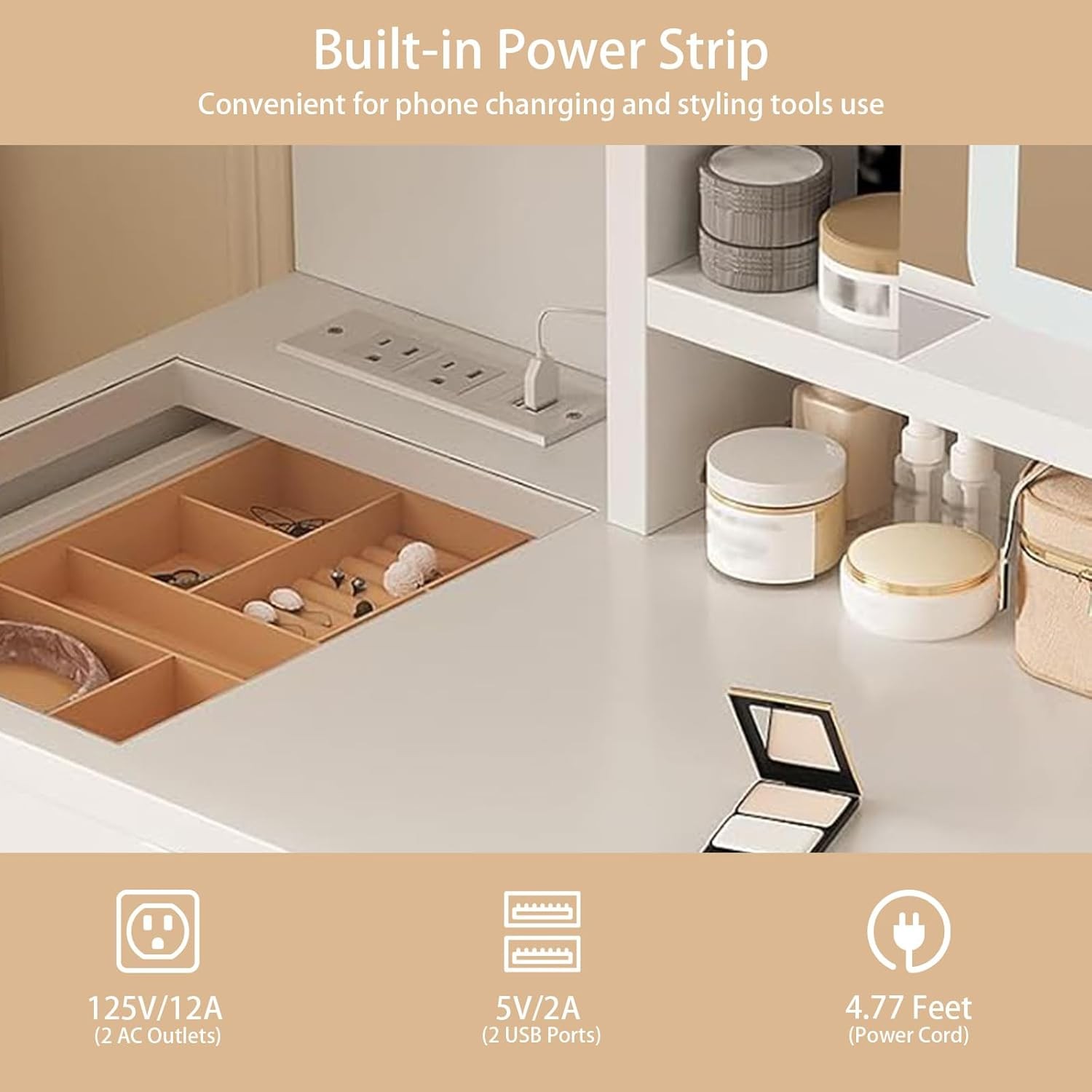 White Vanity Desk w LED Mirror, Makeup Table with Lights, Power Outlet & Storage