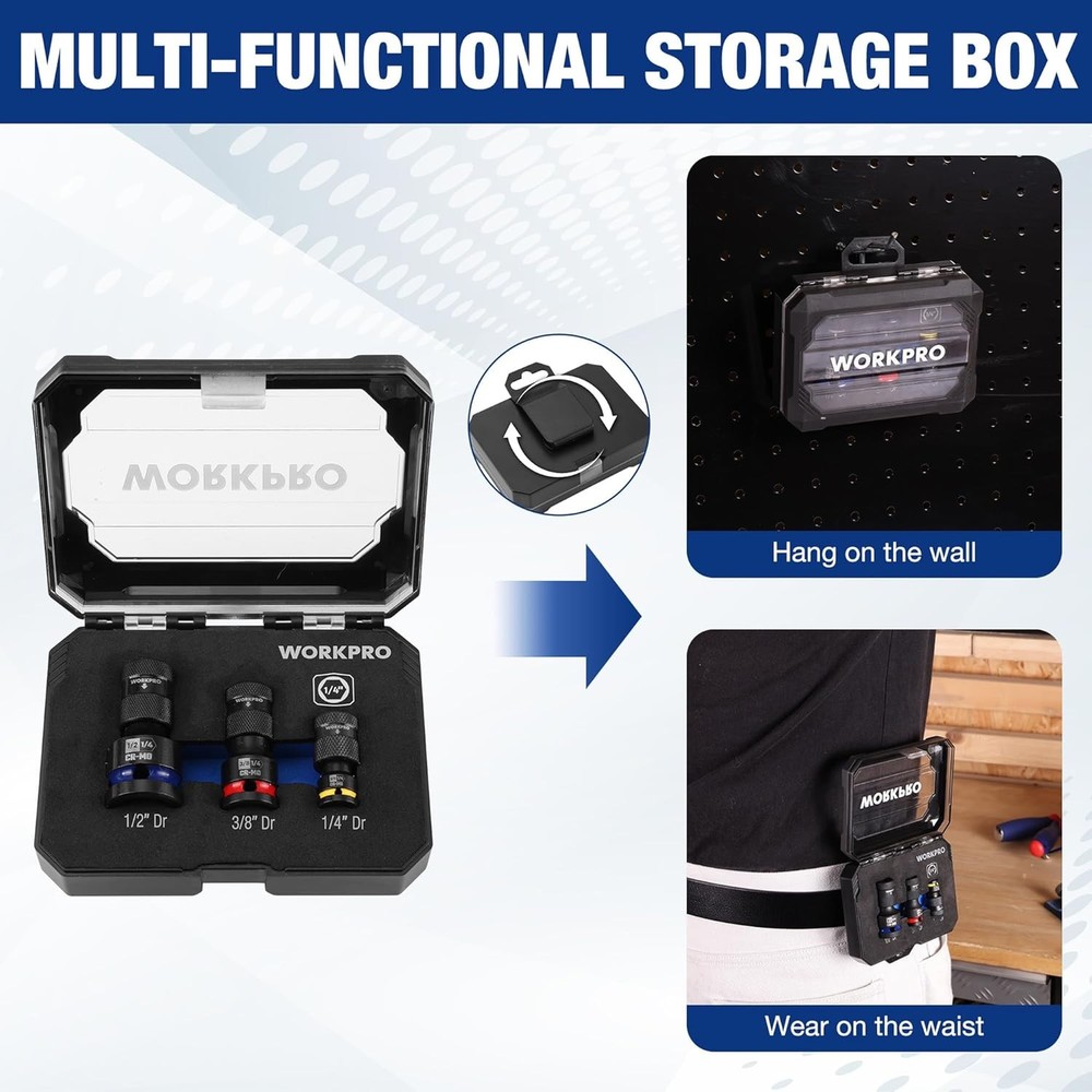 WORKPRO Quick Release Hex Impact Socket Adapter Holder Set 1/2" 3/8" 1/4" Drive