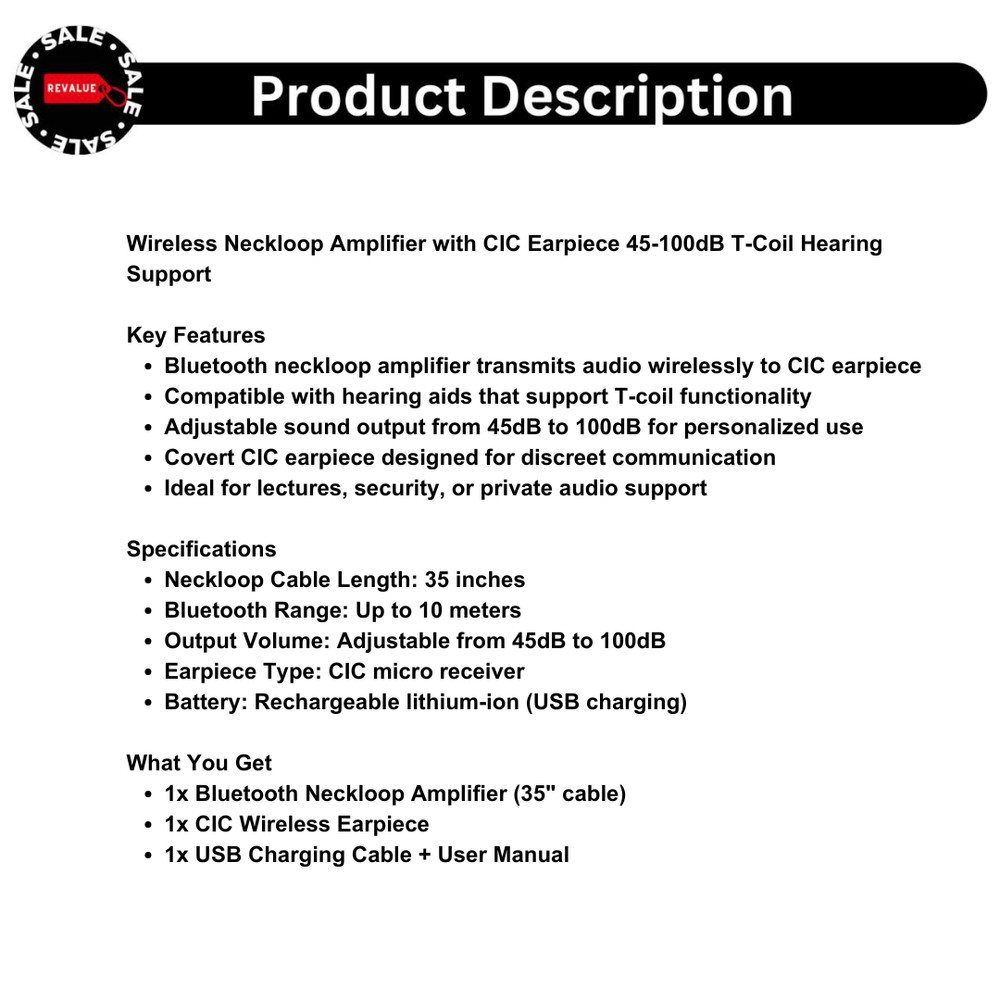 Wireless Neckloop Amplifier with CIC Earpiece 45-100dB T-Coil Hearing Support