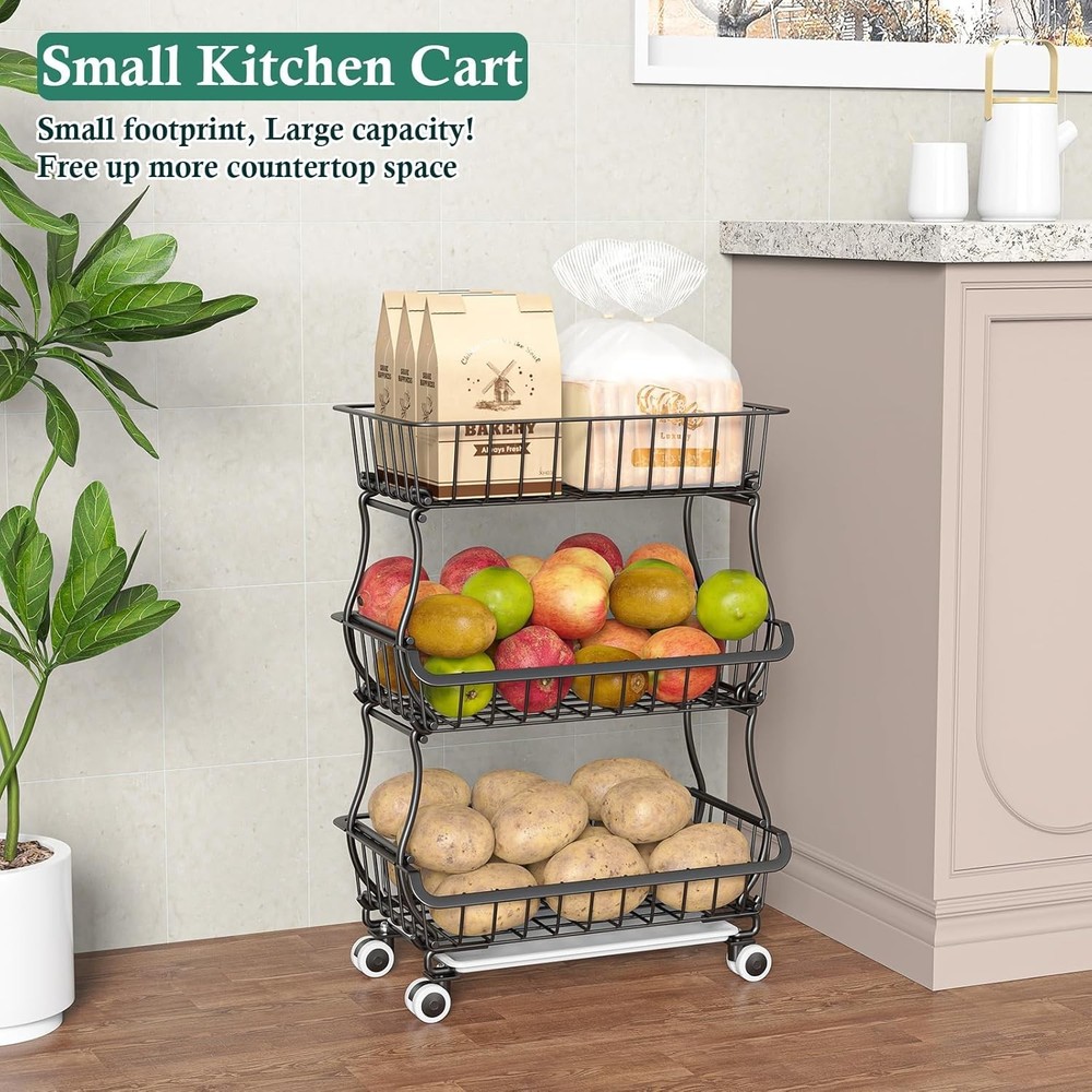 Pantry Storage Cart Fruit Basket Stand 3 Tier Stackable Wire Basket Organizer