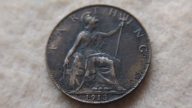 1913 Great Britain Farthing, Higher Grade, Bronze Composition