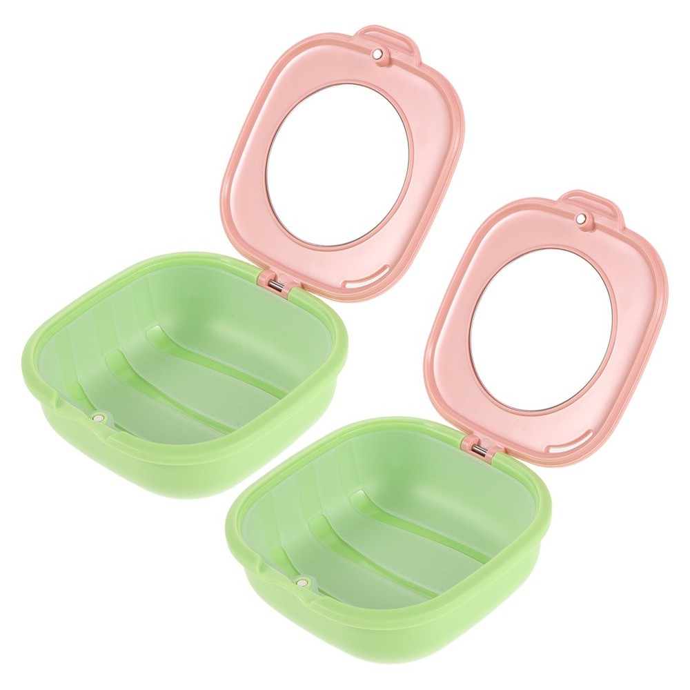 2 Pcs Cute Slim Retainer Aligner Case with Mirror Dentures Soaking Container