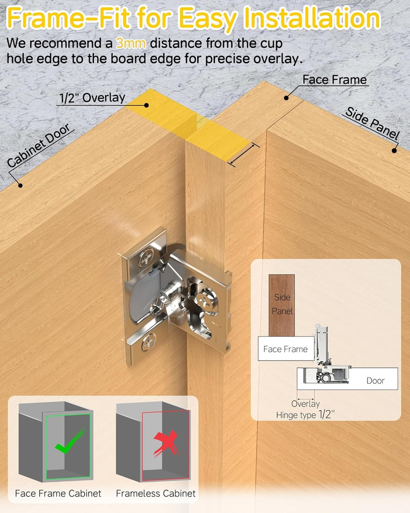 50 Pack Soft Close 1/2" Cabinet Hinges, 105° Adjustable Hidden Hardware