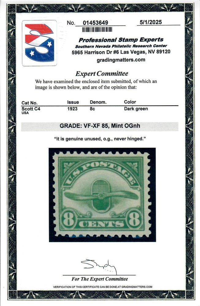 Scott C4 MNH Premium Example PSE Graded VF-XF 85