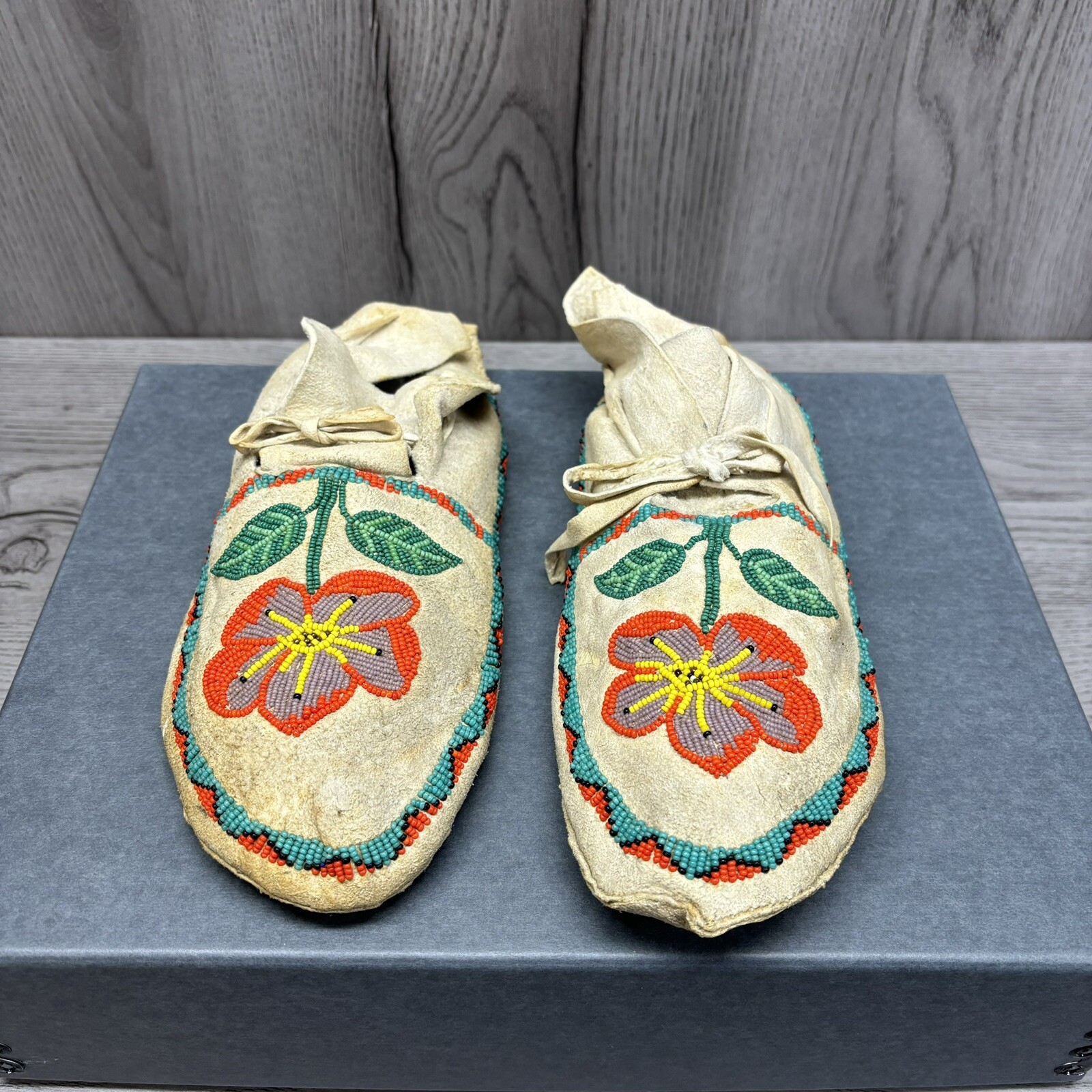 Antique Circa 1900 Northern Plains Beaded Moccasins Teal Orange Flower original