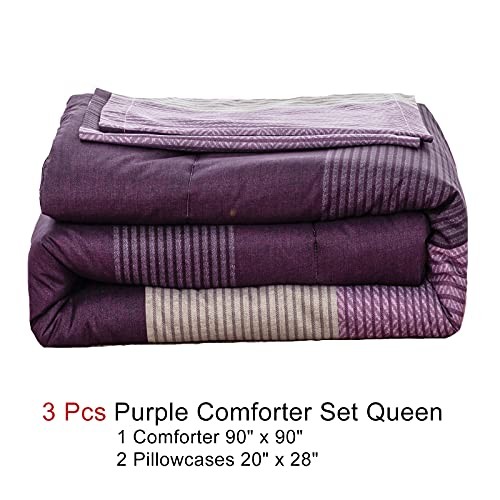 Comforter Set Reversible Striped Patchwork Alternative Comforte Queen Purple