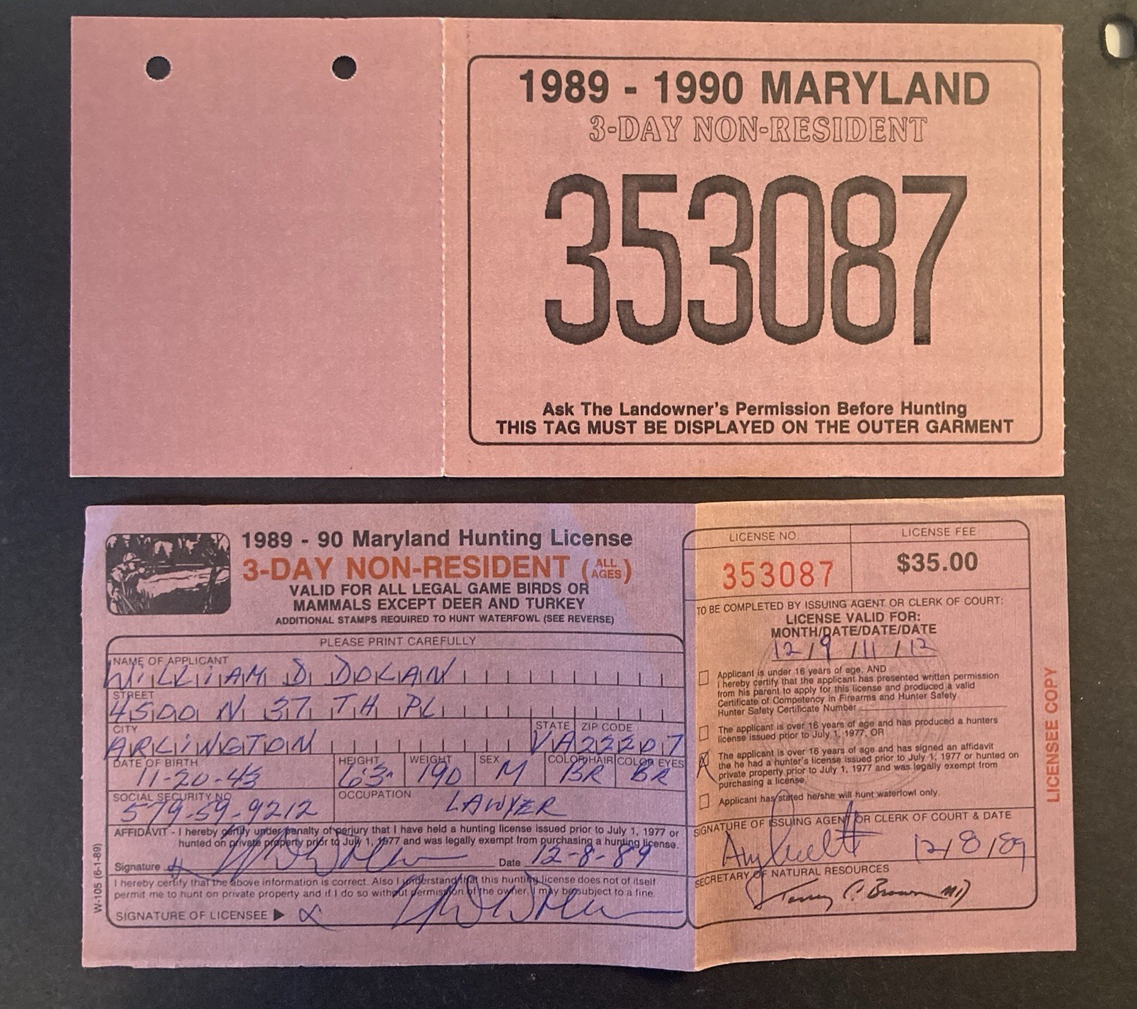1989 Maryland 3-Day Non-Resident Hunting License