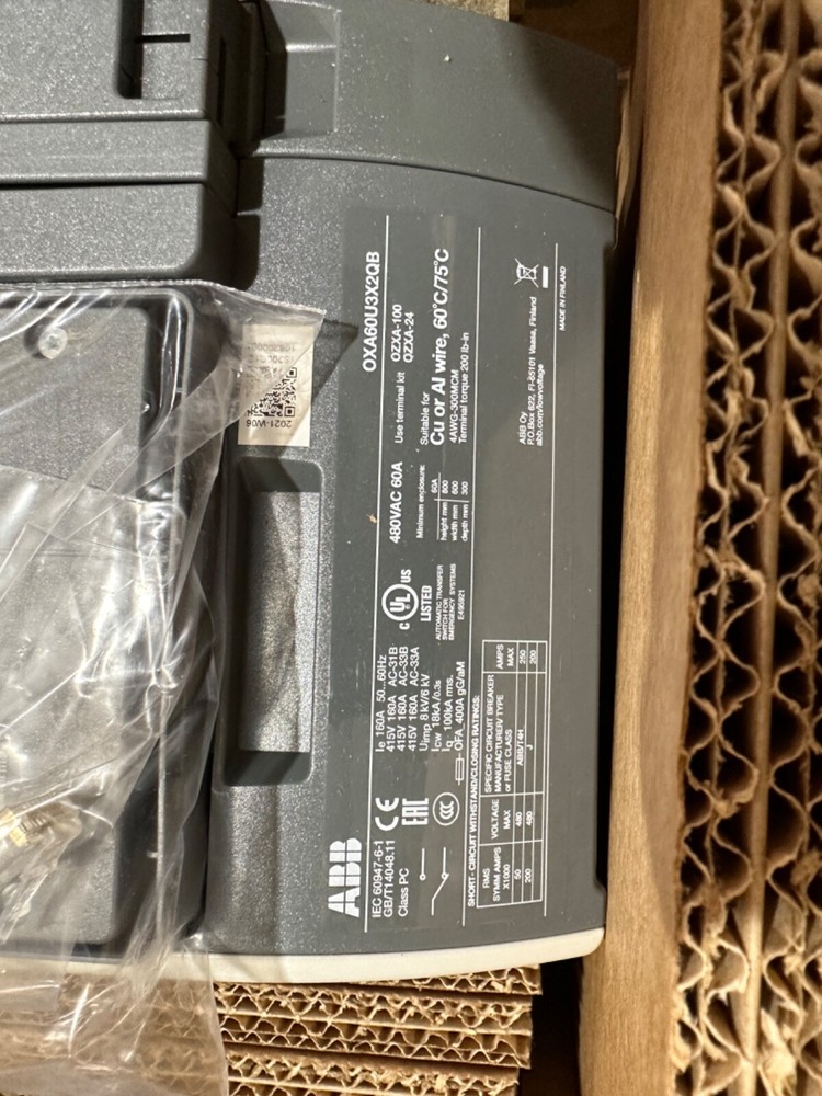 ABB AUTOMATIC TRANSFER SWITCH 60 AMP 480V OXA60U3X2QB