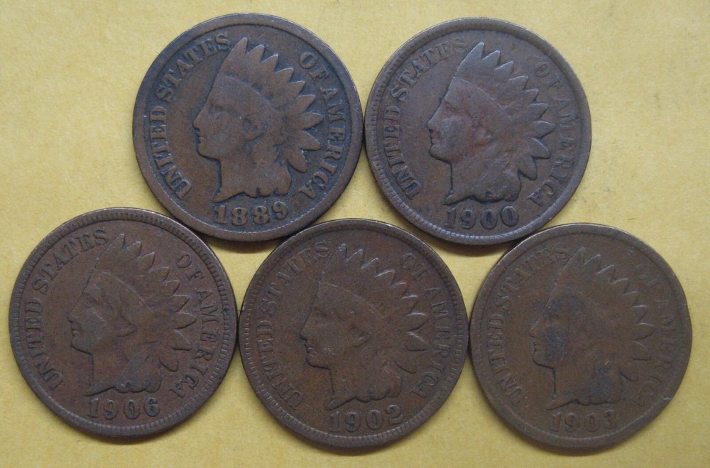 Five Indian Pennies with Five Different Dates--ALL in Good+ Take a Look