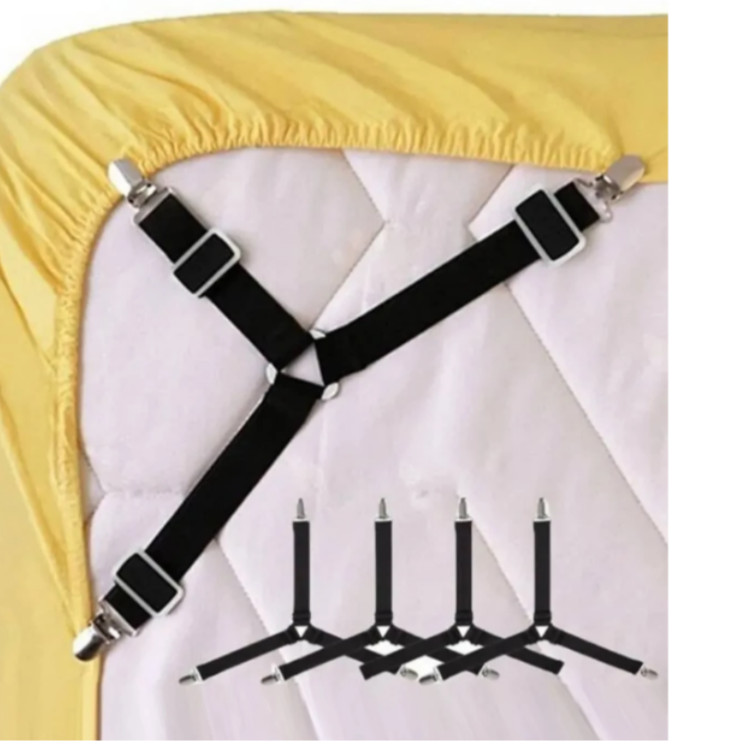 2 Bed Sheet Fasteners, 2 Adjustable Elastic Straps, Black
