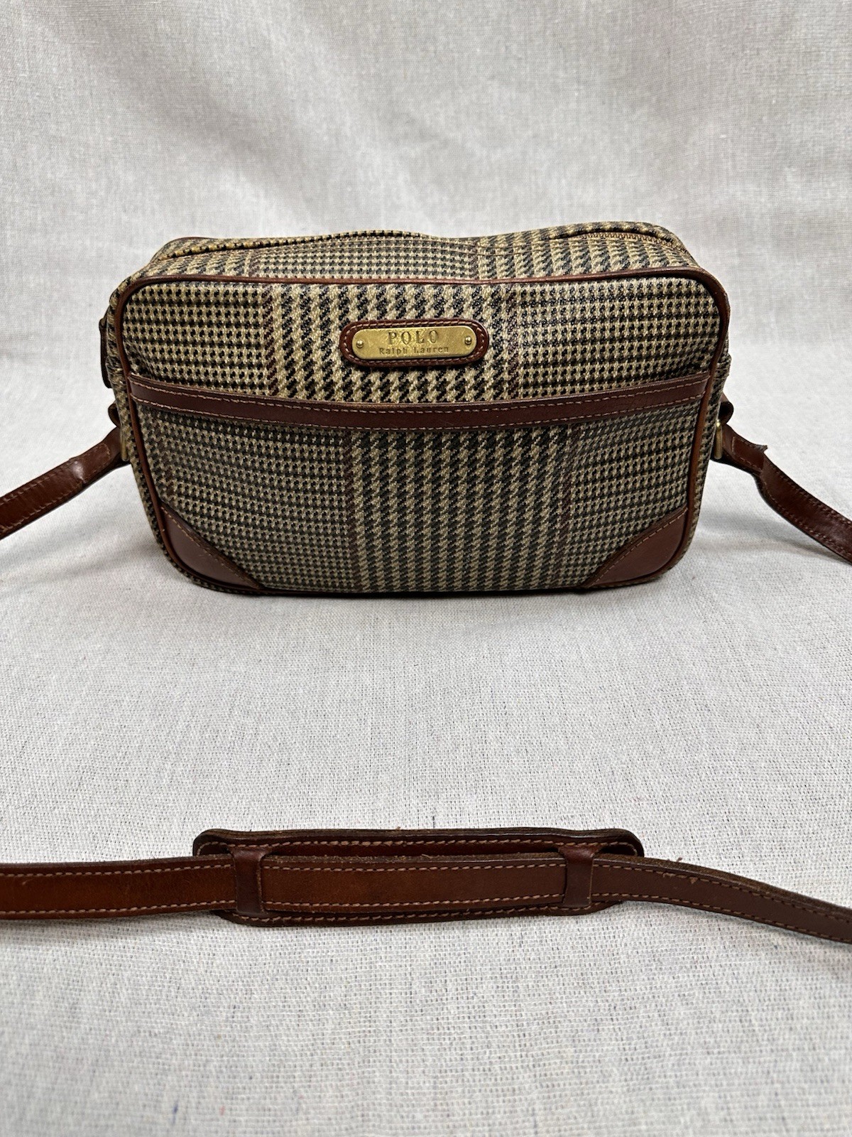 Vintage Polo Ralph Lauren Brown Russell Houndstooth Plaid Bag Leather 90s