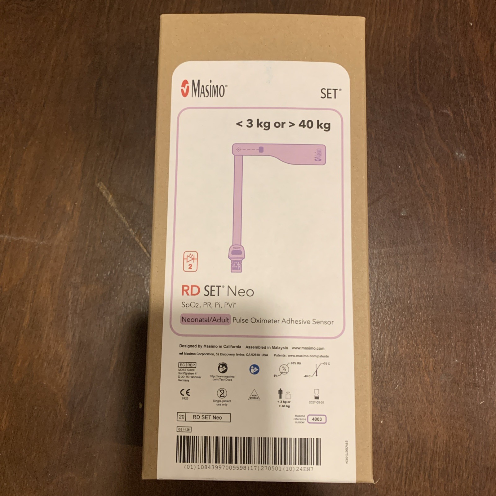 Masimo RD Set Neo Pulse Oximeter Adhesive Sensor 3kg-40kg REF 4003 Exp Aug 2027