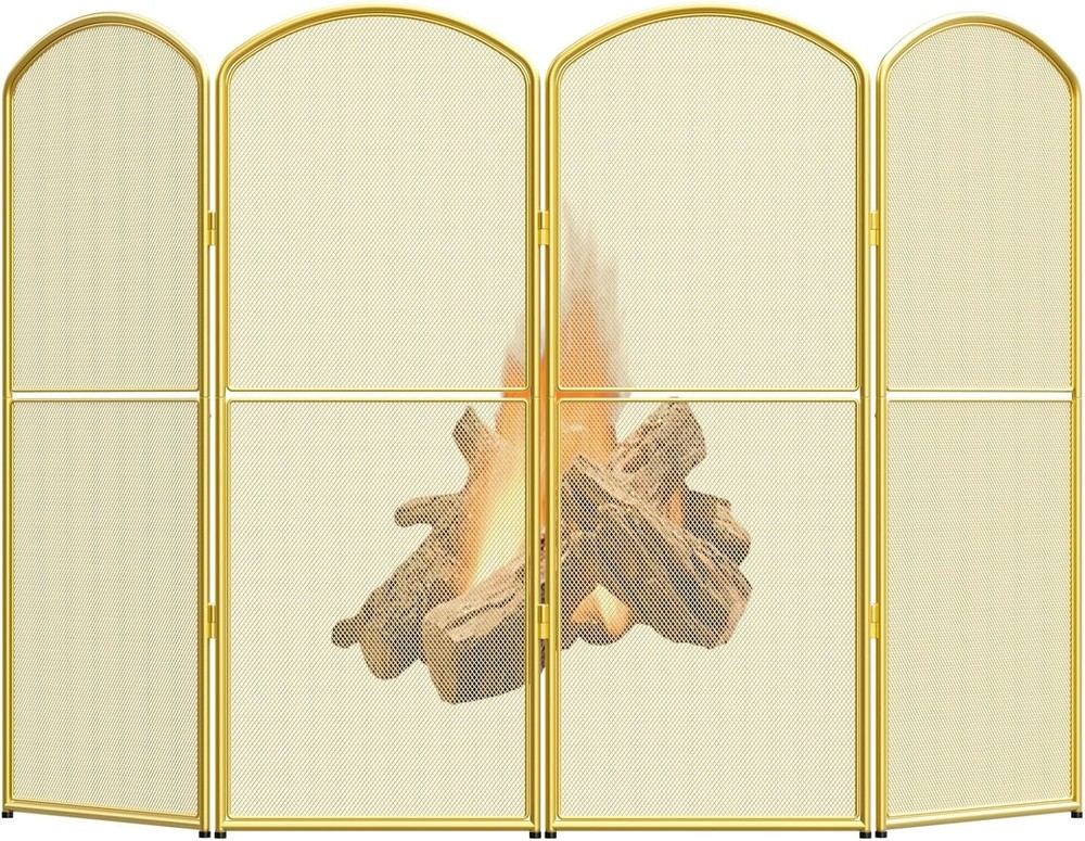 Fireplace Screen Stand Alone Gold Foldable Fireplace Gate 4 Panel Decorative
