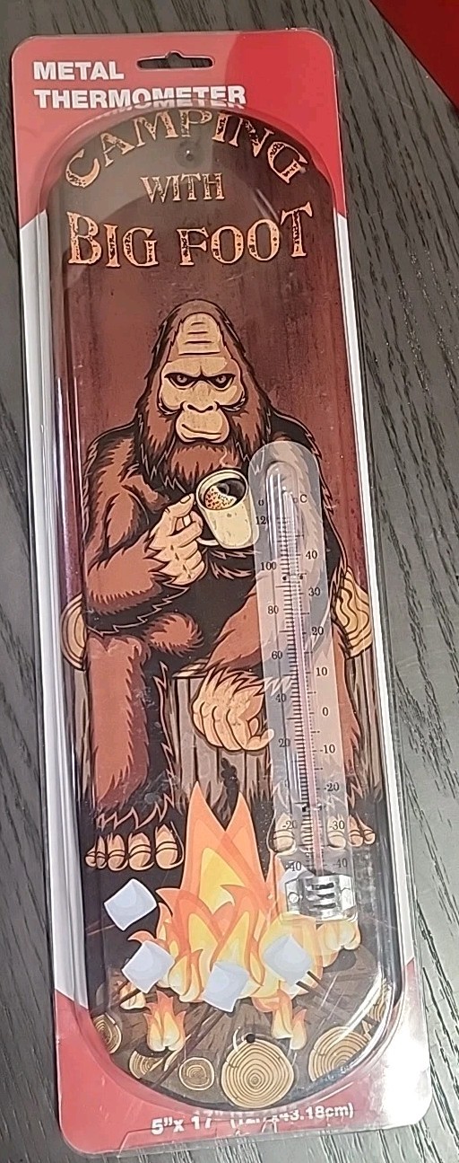 Camping with Bigfoot Vintage Thermometer Sign - Embossed Metal Indoor/Outdoor