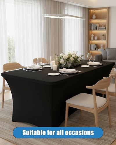 6FT Table Cloth - Pack Fitted Stretch Rectangle Spandex Tablecloth, 2 Black