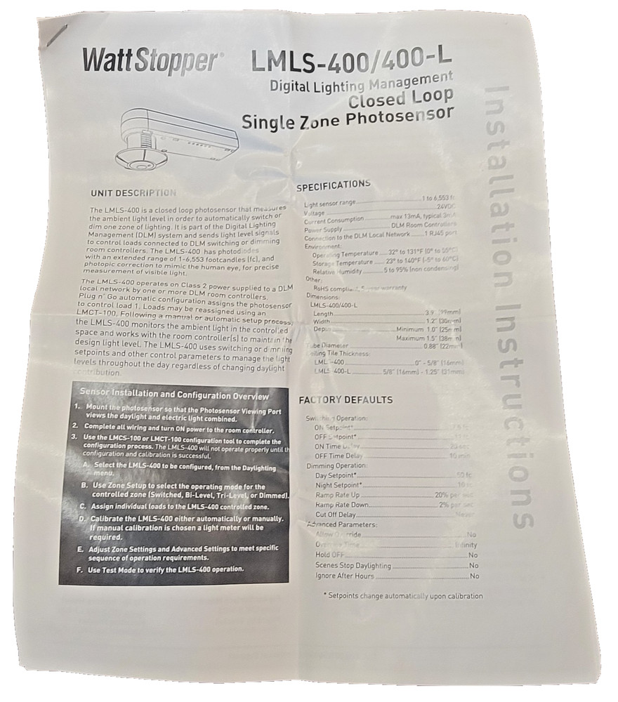 Legrand WattStopper LMLS-400 Closed Loop Photosensor Single Zone **PRICE DROP**