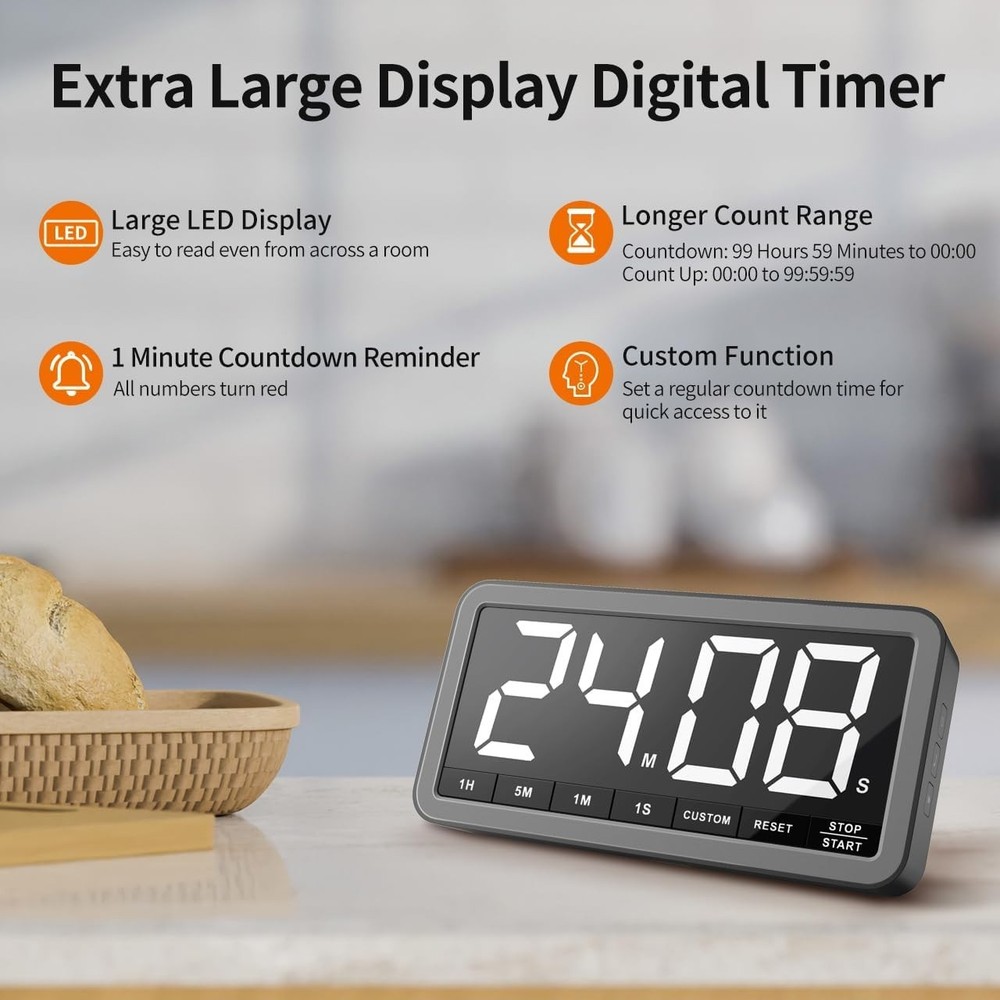 Extra Large Display Digital Timer with USB-C Charging for Kitchen & Classroom