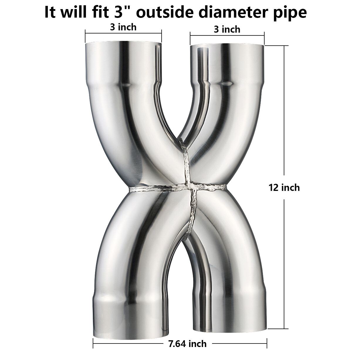 Welded X Pipe 3" Dual Inlet/Outlet Polished Exhaust X Pipe Stainless Steel