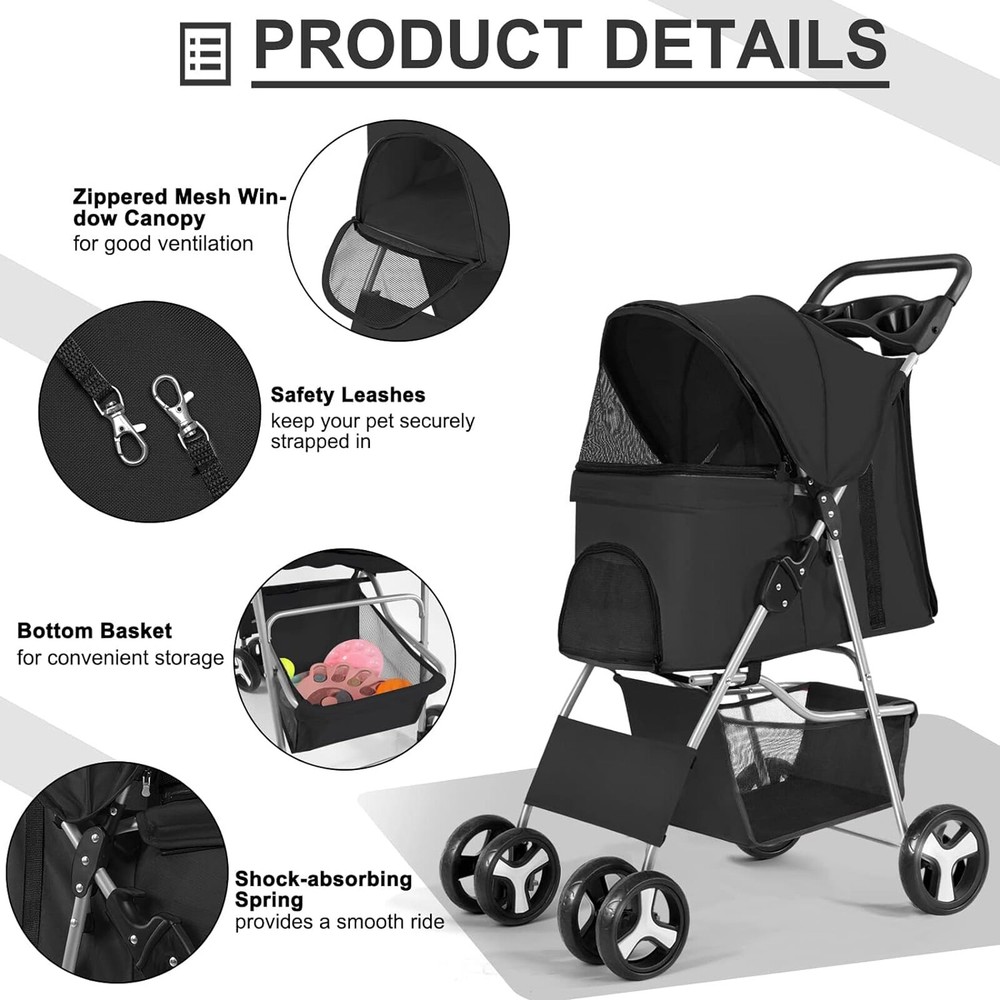 3/4 Wheels Foldable Pet Strollers Cat Dog Cage Strollers w/ Cup Holder & Basket
