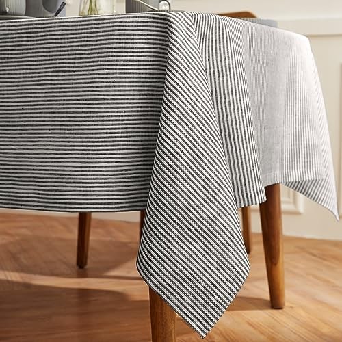 Linen Striped Tablecloth 60 x 90 Inch - 90" x 60" (Rectangular) Black & White