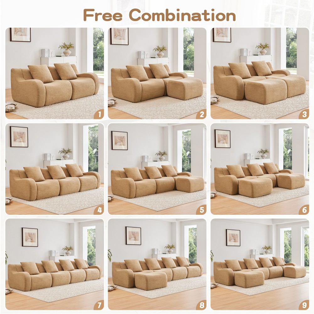 Soft Teddy Fabric Modular Sofa w/ Ergonomic Support & Anti-Slip Base, Camel