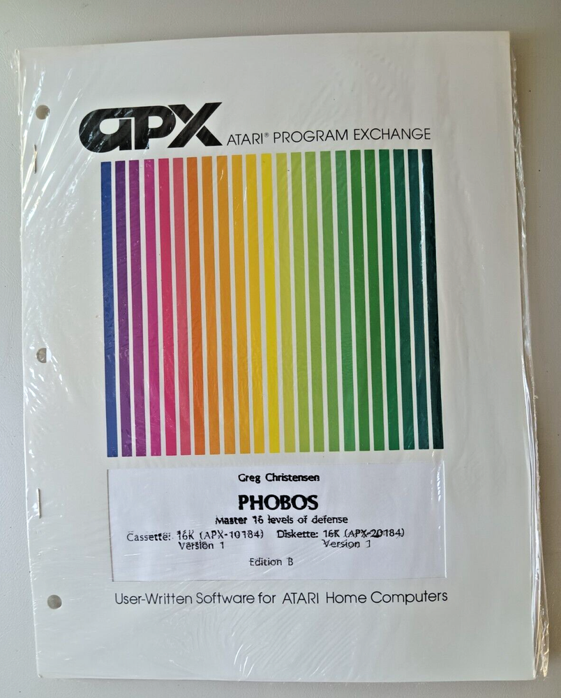 Phobos by Greg Christensen; Atari 400/800/LX/XE W/Disk Drive APX-20184 NOS