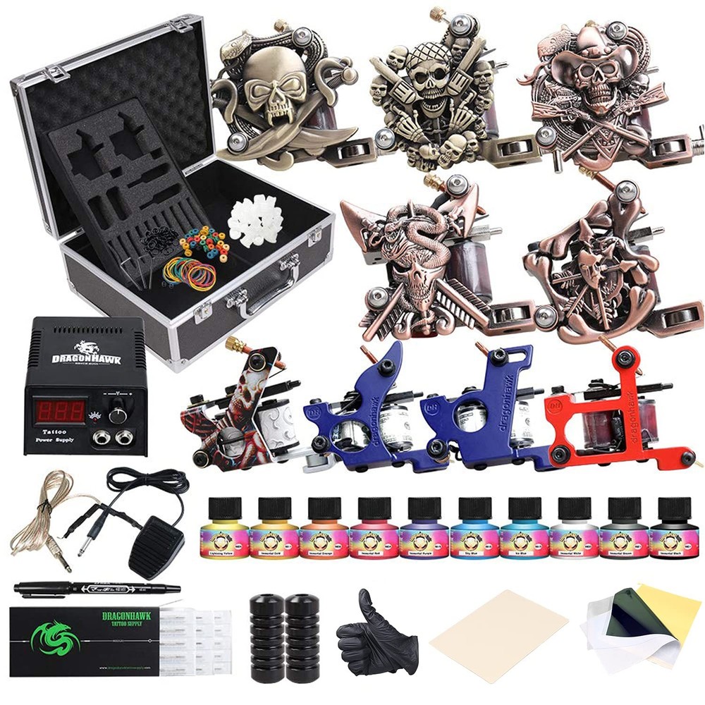 Dragonhawk Complete Tattoo Kit with Case, Beginner 91 Piece Set, Assorted