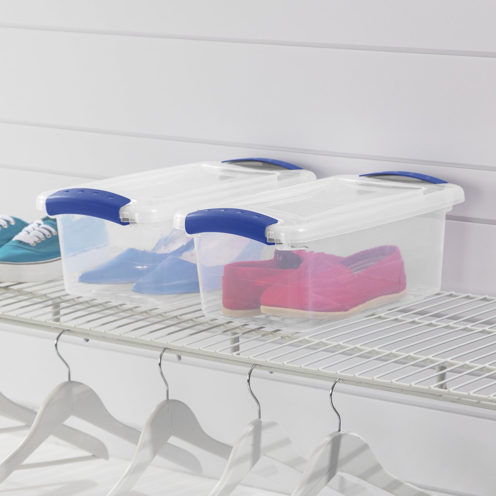 (3 pack) Sterilite 7 Quart Latch Box, Clear Plastic Storage Bin with Lid, Blue