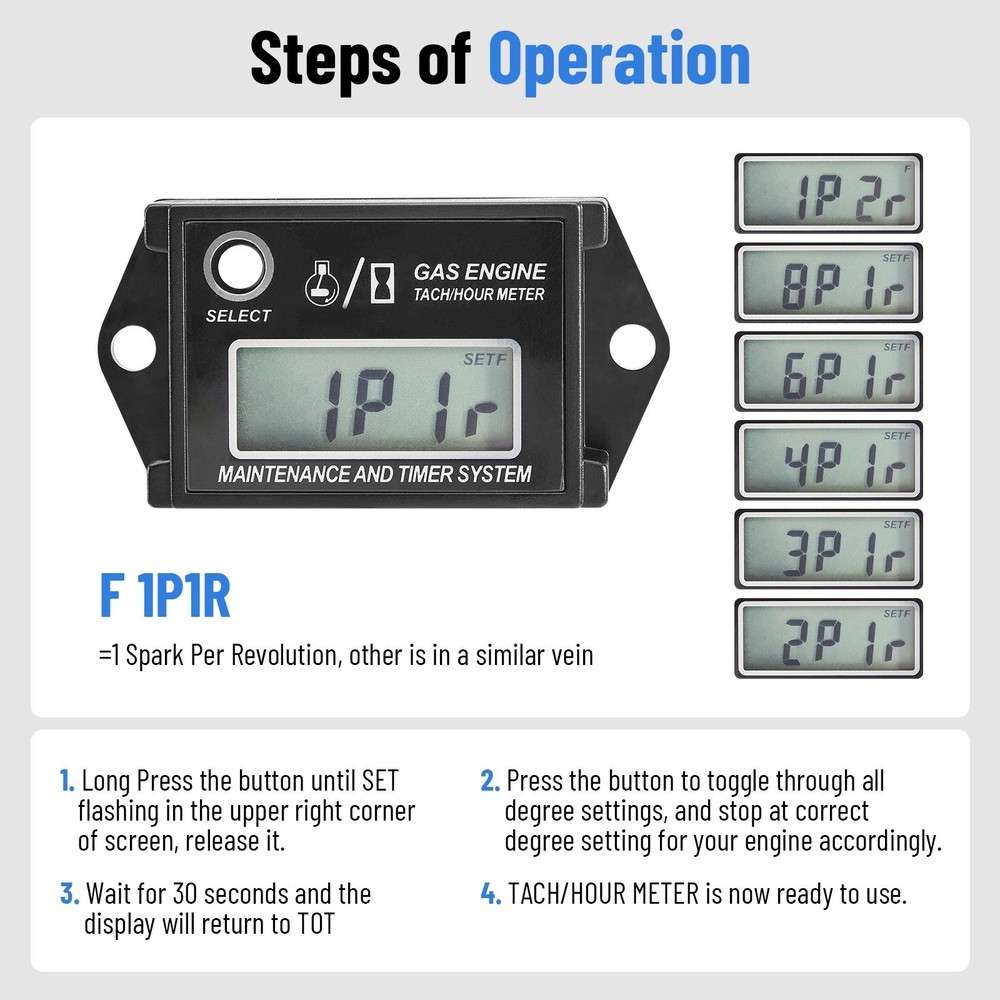 Waterproof IP68 Digital Tiny Tachometer Hour Meter Resettable Job Timer+Battery