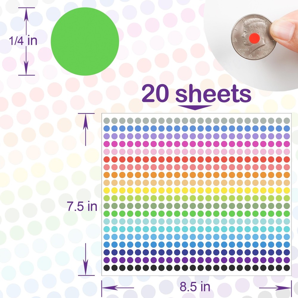 10000 PCS Small Dot Stickers 1/4" Round Color Coding 1/4", Multi-colored