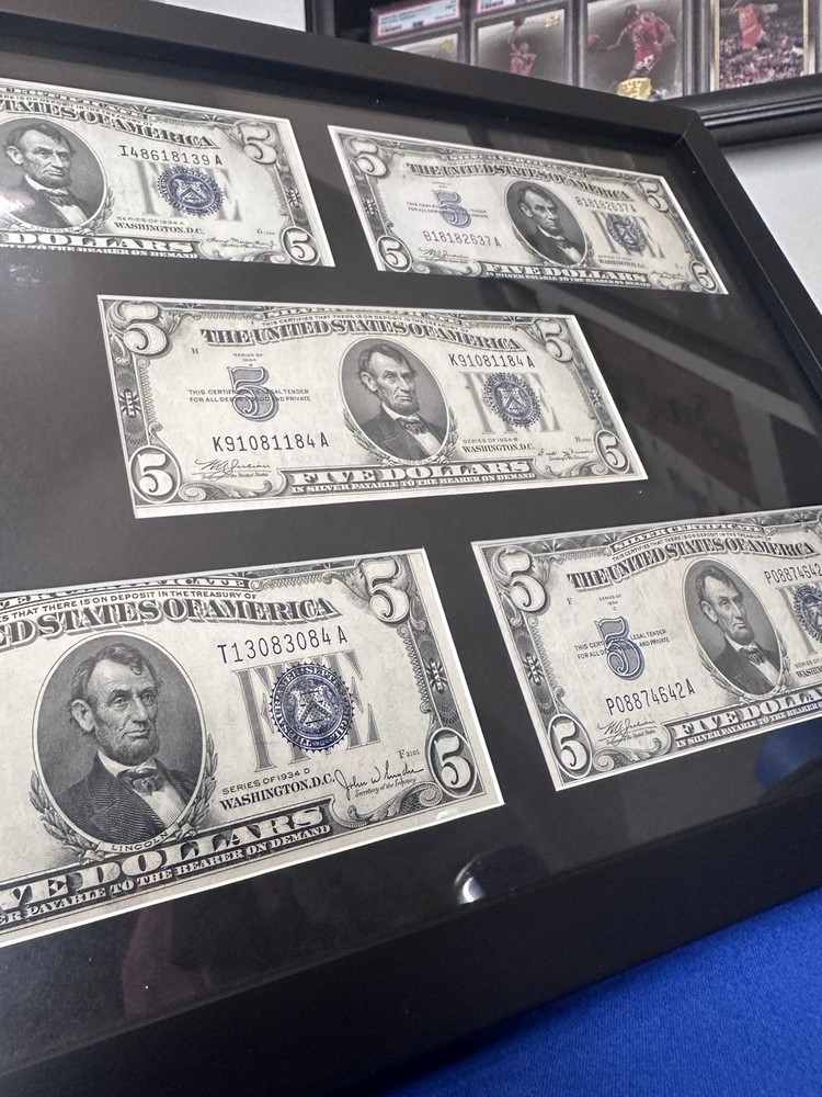 1934 Set $5 BLUE SEAL SILVER CERTIFICATE With Frame !
