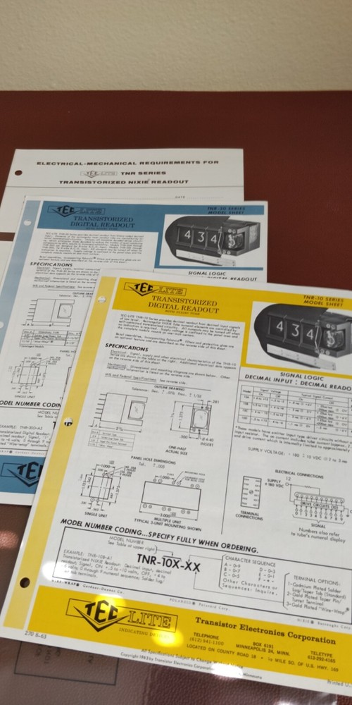 1963 TEC Digital Readout ~ Spec sheets ~ Transistor Electronics Corp TNR-10 -30