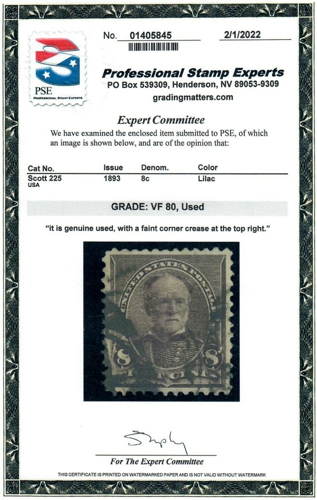 Scott 225 Premium Example PSE Graded VF 80