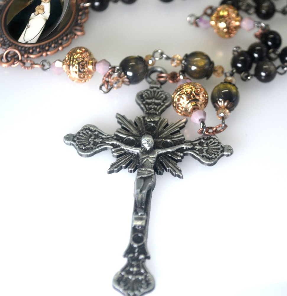 Our Lady of Solitude Rosary Black Obsidian Beads Mother Mary Centerpiece